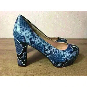 Women's Snake Leather Shoes Block High Heels Platform Round Toe Ladies Pumps 38